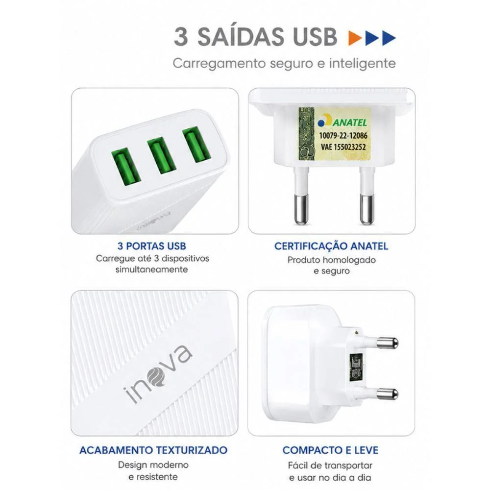 Carregador De Parede Usb Inova Car-3250 Com 3 Entradas Usb Turbo 5.1a Bivolt Branco Carregador De Parede Usb Inova Car-3250 Com 3 Entradas Usb Turbo 5.1a Bivolt Branco