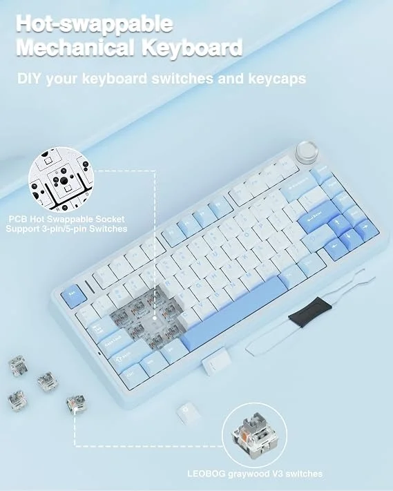 Imagem 5 de 5 do produto Teclado Mecânico Gamer Aula F75 Azul Marinho, 75% Sem Fio Bt5.0/2.4ghz/usb-c Hot-swappable RGB, Graywood V3 Switch