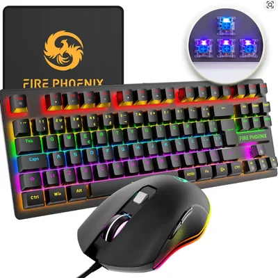 Kit Gamer Fire Phoenix Be-k1 Teclado Mecânico 60% RGB Switch Blue + Mouse Gamer 3200 Dpi - Preto