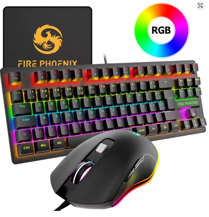 Imagem 2 de 3 do produto Kit Gamer Fire Phoenix Be-k1 Teclado Mecânico 60% RGB Switch Blue + Mouse Gamer 3200 Dpi - Preto