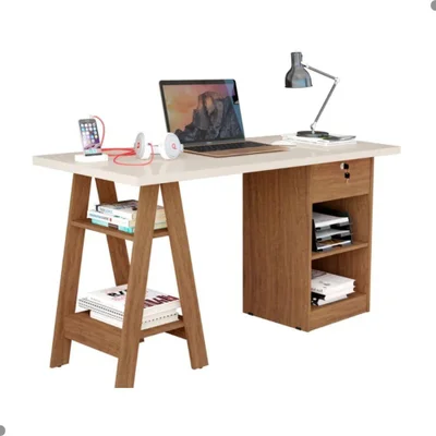 Escrivaninha Retangular Lena Moderno 1 Gaveta 2 Prateleiras Mdf 135cm Off White E Canela