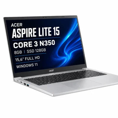 Notebook Acer Aspire Lite 15 Al15-36p-32xp Intel Core 3 N350 8GB SSD 128GB 15,6" Full Hd WINDOWS 11 Prata