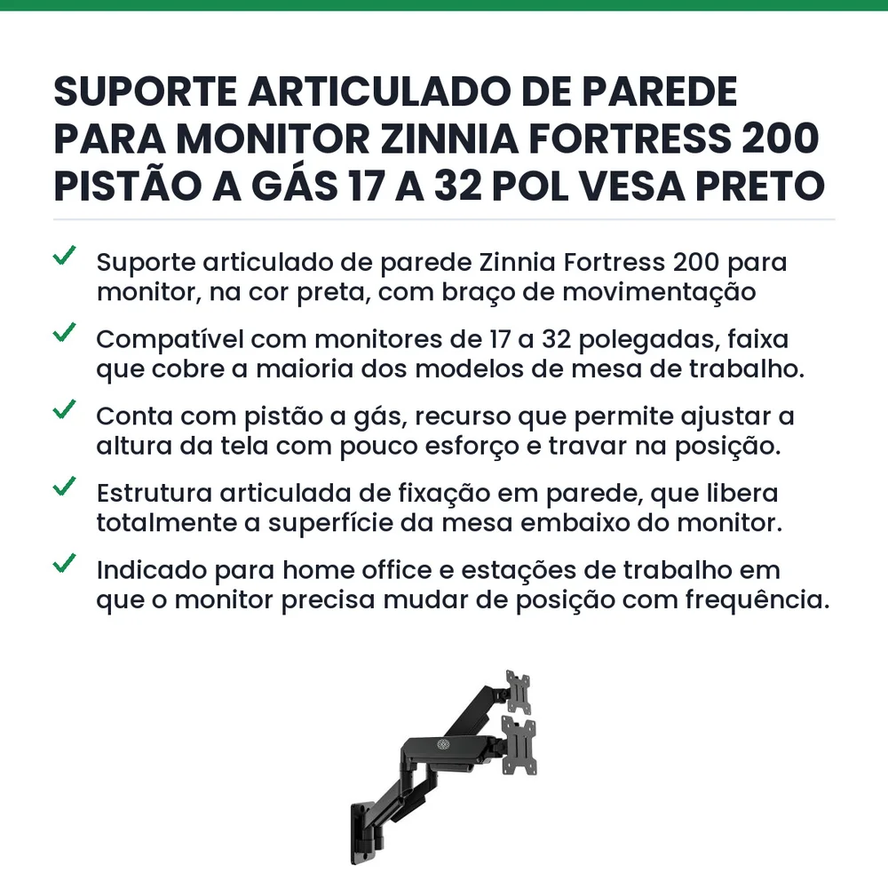 Imagem 2 de 4 do produto Suporte Articulado De Parede Para Monitor 17 A 32 Pol Pistão A Gás Preto Zinnia