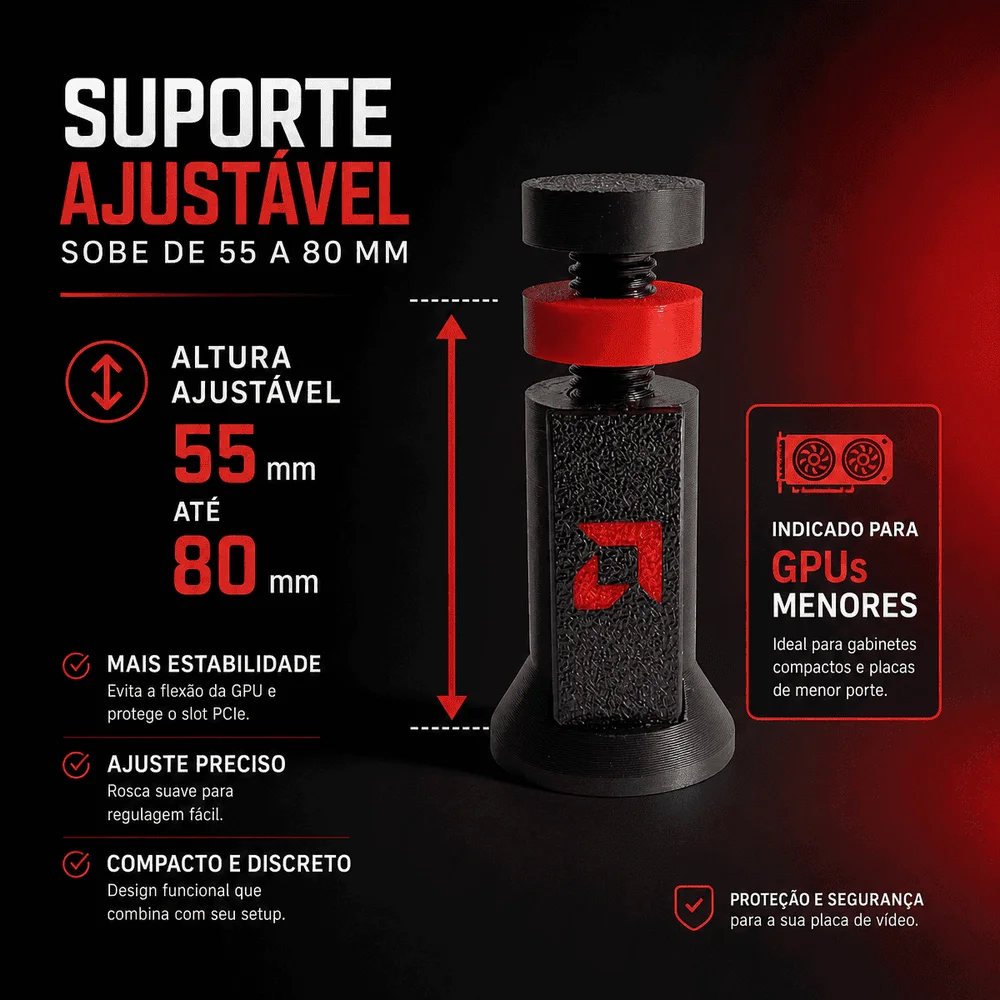 Imagem 2 de 5 do produto Suporte Placa De Vídeo Pequeno Ajustável De 5,5 A 8cm AMD Preto