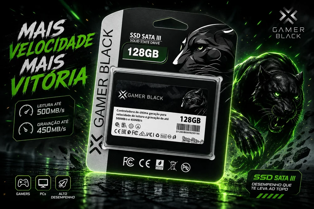 Imagem 2 de 3 do produto SSD Gamer Black 128GB, Sata Iii, 2.5", Leitura 500mb/s, Gravação 450mb/s, Preto