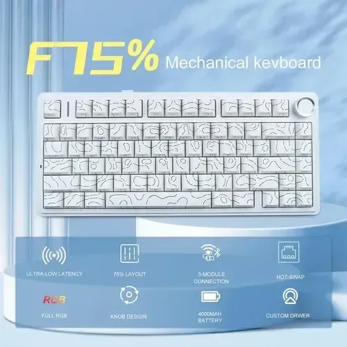 Teclado Mecânico Aula F75 Branco Contorno Gamer 75% Sem Fio Tri Mode Bluetooth 2.4g Usb RGB Hotswap Layout Us Teclado Mecânico Aula F75 Branco Contorno Gamer 75% Sem Fio Tri Mode Bluetooth 2.4g Usb RGB Hotswap Layout Us