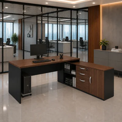 Mesa De Escritório Pedestal Presidente Em L 190x160cm Executiva Tampo 30mm Armário Lateral - Nogal/preto