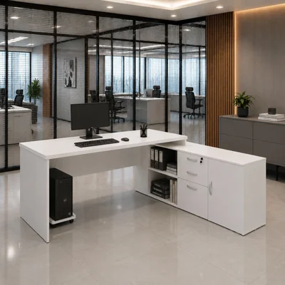 Mesa De Escritório Pedestal Presidente Em L 190x160cm Executiva Tampo 30mm Armário Lateral - Branco