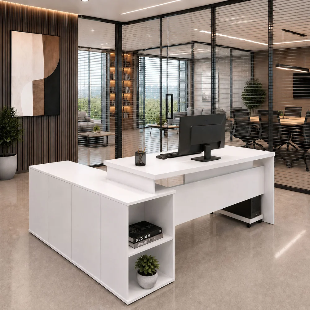 Imagem 2 de 5 do produto Mesa De Escritório Pedestal Presidente Em L 190x160cm Executiva Tampo 30mm Armário Lateral - Branco