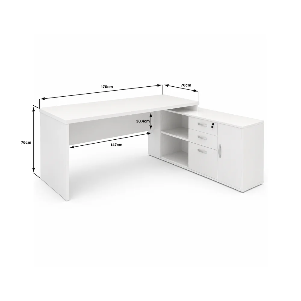 Imagem 4 de 5 do produto Mesa De Escritório Pedestal Presidente Em L 190x160cm Executiva Tampo 30mm Armário Lateral - Branco