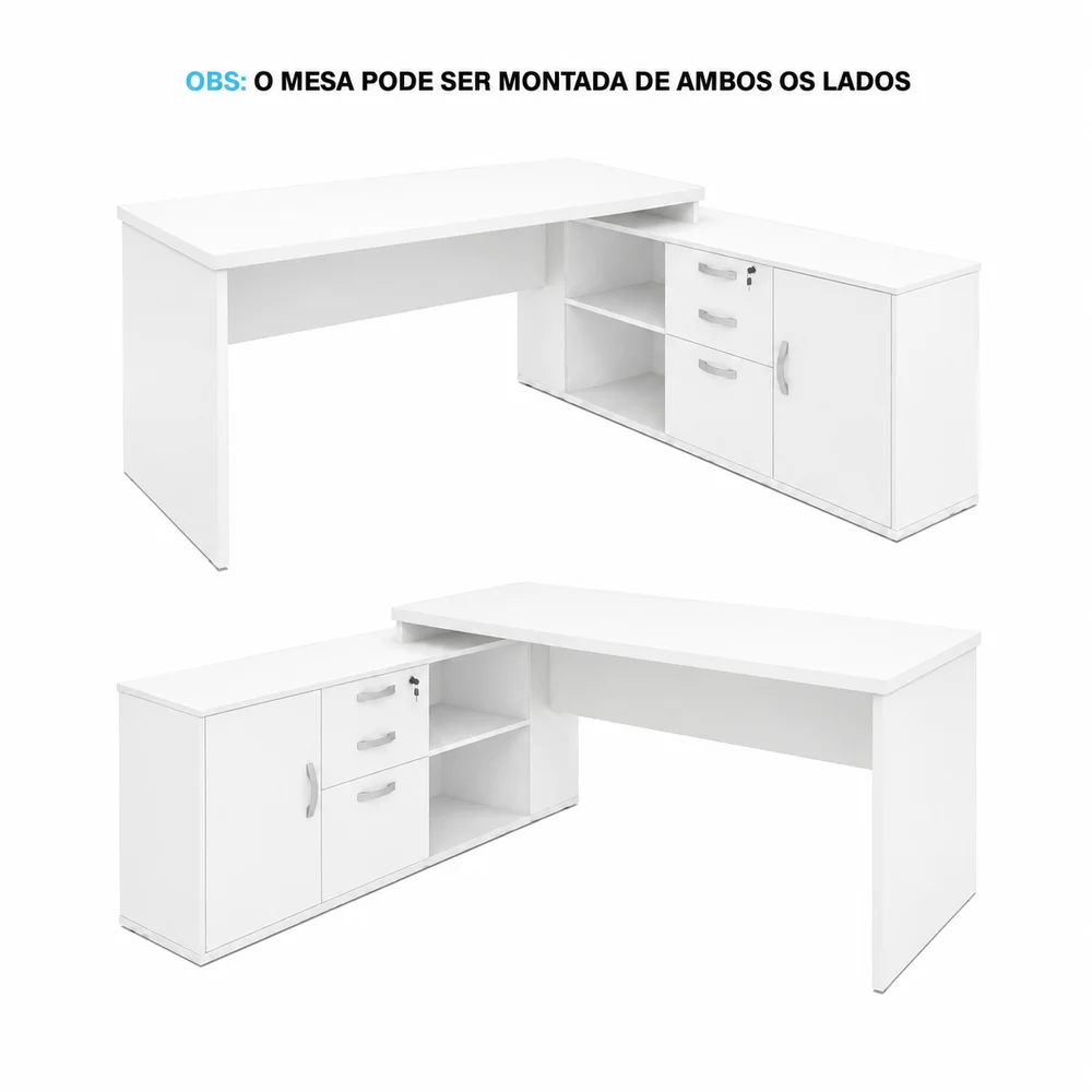 Imagem 5 de 5 do produto Mesa De Escritório Pedestal Presidente Em L 190x160cm Executiva Tampo 30mm Armário Lateral - Branco