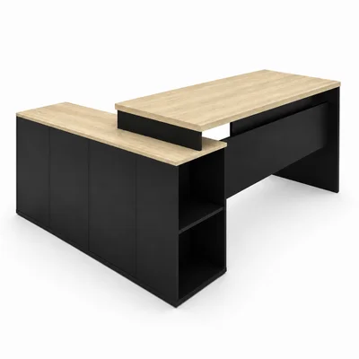 Mesa De Escritório Pedestal Presidente Em L 190x160cm Executiva Tampo 30mm Armário Lateral - Dubai/preto