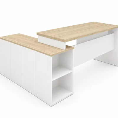 Mesa De Escritório Pedestal Presidente Em L 190x160cm Executiva Tampo 30mm Armário Lateral - Dubai/branco