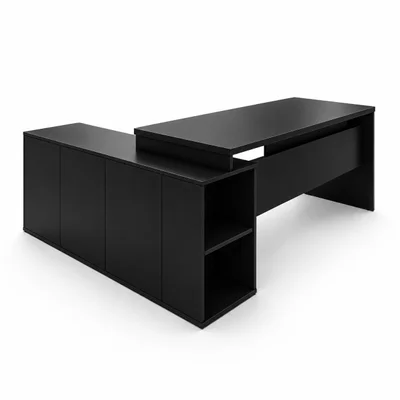Mesa De Escritório Pedestal Presidente Em L 190x160cm Executiva Tampo 30mm Armário Lateral - Preto