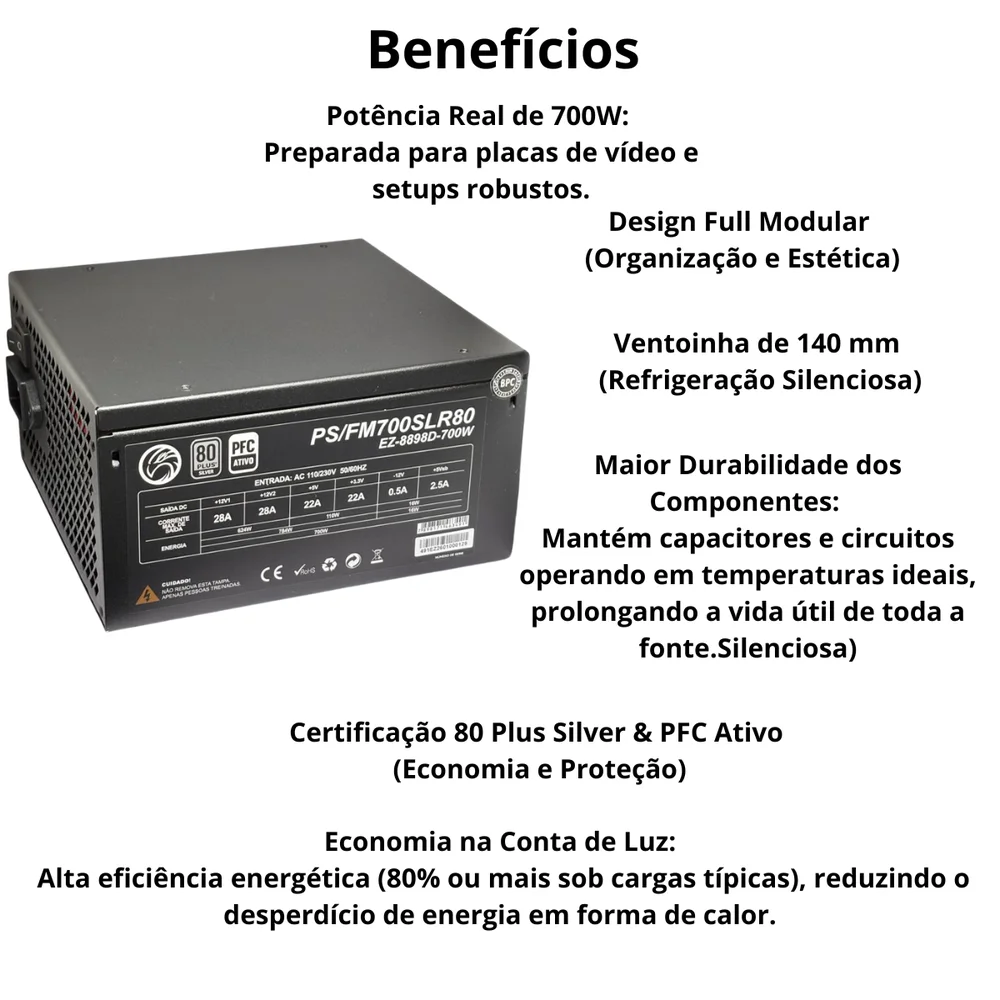 Imagem 2 de 5 do produto Fonte Atx 700w Brazilpc Pro Full Modular 80plus Silver
