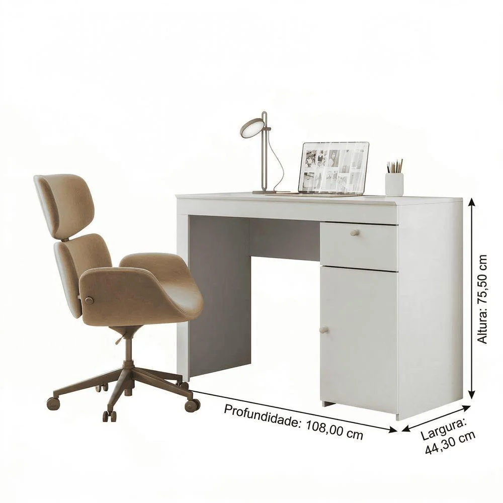 Imagem 3 de 4 do produto Mesa Escrivaninha Home Office Para Computador Iris 1 Gaveta Mdf Mdp Branco Mobigu