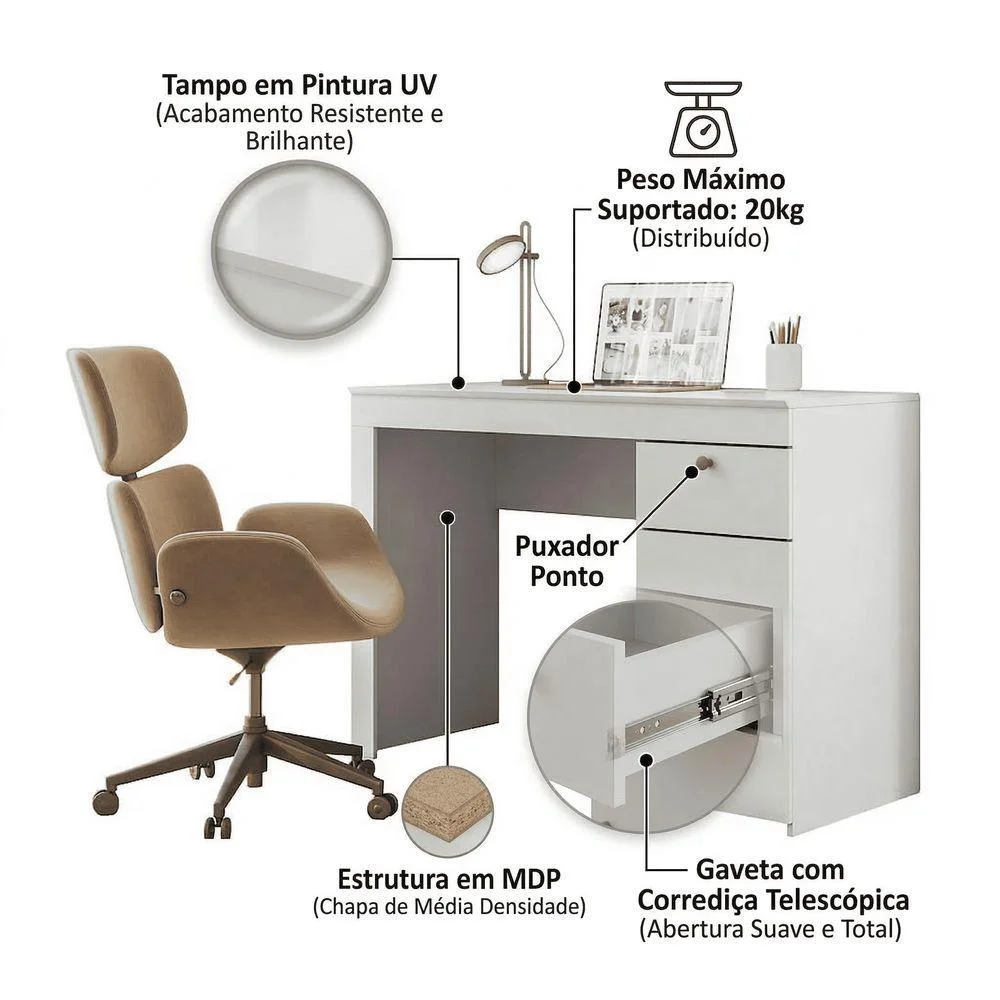 Imagem 4 de 4 do produto Mesa Escrivaninha Home Office Para Computador Iris 1 Gaveta Mdf Mdp Branco Mobigu