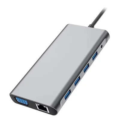 Adaptador Hub Usb-c 12 Em 1 Cinza 4k HDMI Vga Rj45 Ethernet Pd 100w Leitor Cartão Sd Tf Usb 3.0 Multiuso