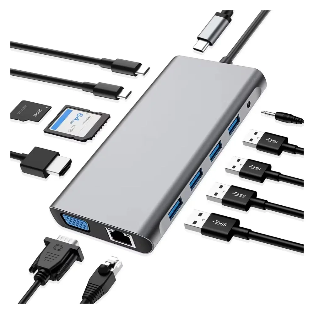 Imagem 2 de 3 do produto Adaptador Hub Usb-c 12 Em 1 Cinza 4k HDMI Vga Rj45 Ethernet Pd 100w Leitor Cartão Sd Tf Usb 3.0 Multiuso