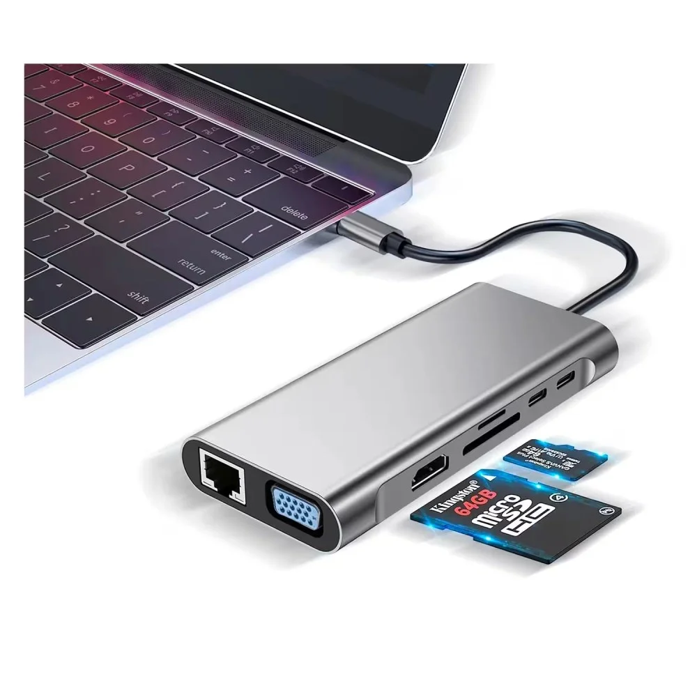 Imagem 3 de 3 do produto Adaptador Hub Usb-c 12 Em 1 Cinza 4k HDMI Vga Rj45 Ethernet Pd 100w Leitor Cartão Sd Tf Usb 3.0 Multiuso