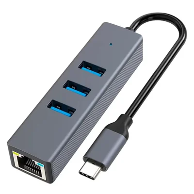 Adaptador Hub Usb-c Rj45 Usb 3.0 4 Em 1 Cinza Ethernet Gigabit 10/100/1000 Mbps Carregamento Pd Alumínio Portátil