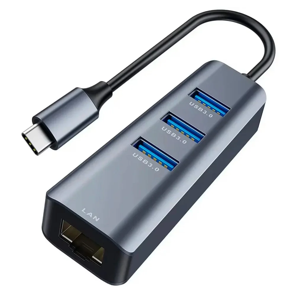 Imagem 2 de 2 do produto Adaptador Hub Usb-c Rj45 Usb 3.0 4 Em 1 Cinza Ethernet Gigabit 10/100/1000 Mbps Carregamento Pd Alumínio Portátil