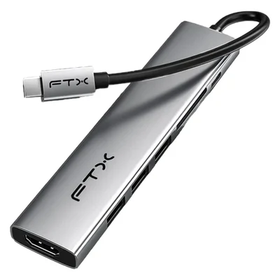 Adaptador Hub Usb Ftx Hbp2-ag7 7 Em 1 Type-c HDMI 4k Usb 3.0 Leitor Cartões Sd Tf Power Delivery Cinza