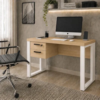 Escrivaninha Industrial 2 Gavetas Mdp 90cm Macadâmia Com Branco F5 Office