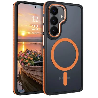 Capa Samsung Galaxy S26 Antichoque Magnética com Borda Antiderrapante Capinha com Proteção de Câmera Elevada - Cor: Preto e Laranja | Brcshop