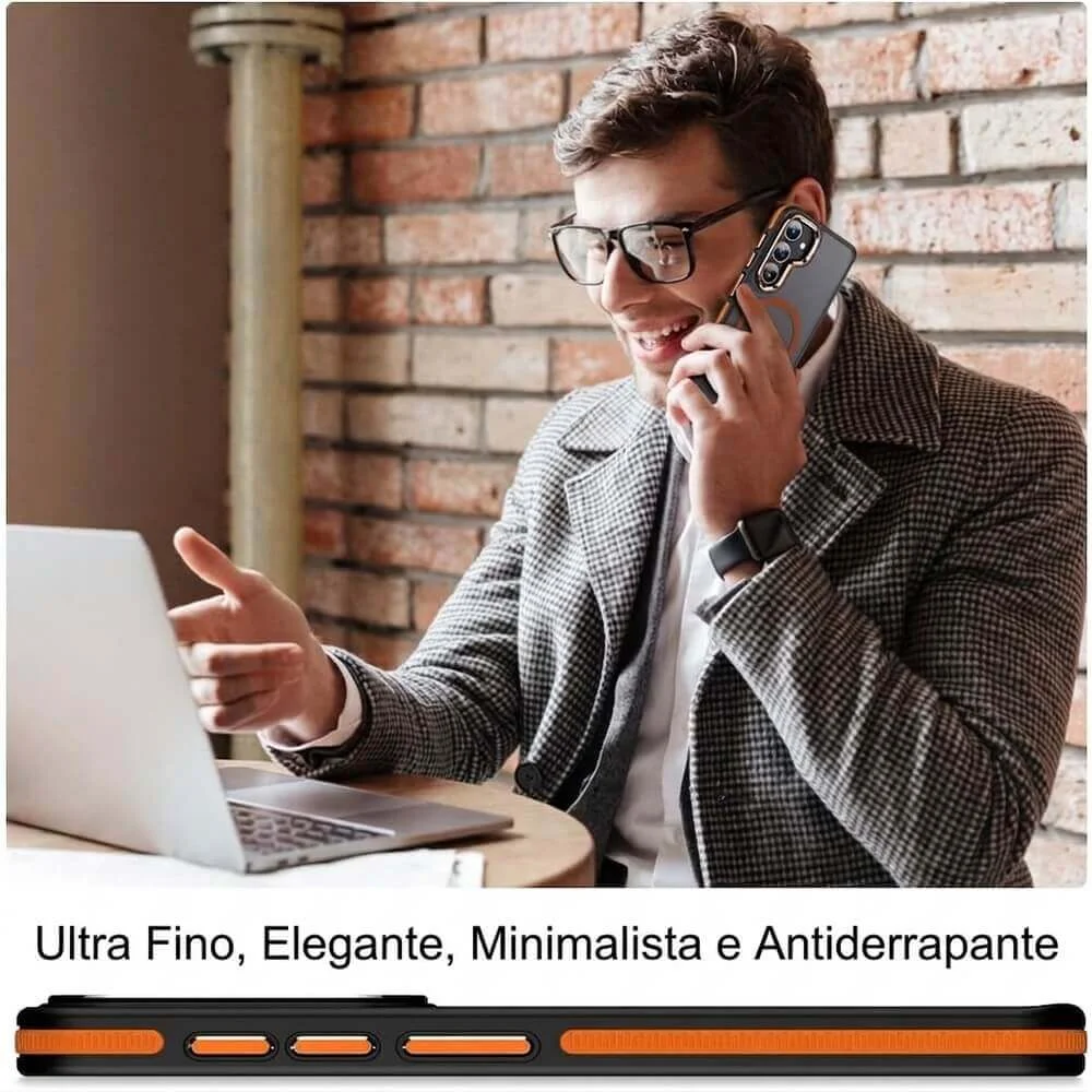 Imagem 3 de 5 do produto Capa Samsung Galaxy S26 Antichoque Magnética com Borda Antiderrapante Capinha com Proteção de Câmera Elevada - Cor: Preto e Laranja | Brcshop