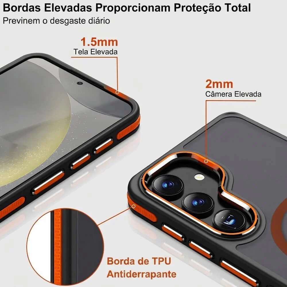 Imagem 4 de 5 do produto Capa Samsung Galaxy S26 Antichoque Magnética com Borda Antiderrapante Capinha com Proteção de Câmera Elevada - Cor: Preto e Laranja | Brcshop
