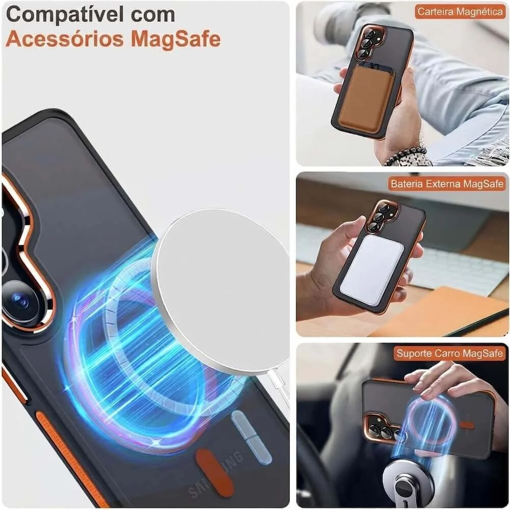 Imagem 5 de 5 do produto Capa Samsung Galaxy S26 Antichoque Magnética com Borda Antiderrapante Capinha com Proteção de Câmera Elevada - Cor: Preto e Laranja | Brcshop