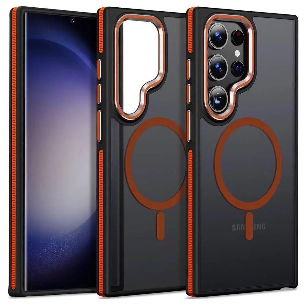 Imagem 2 de 5 do produto Capa Samsung Galaxy S26 Ultra Antichoque Magnética com Borda Antiderrapante Capinha com Proteção de Câmera Elevada - Cor: Preto e Laranja | Brcshop