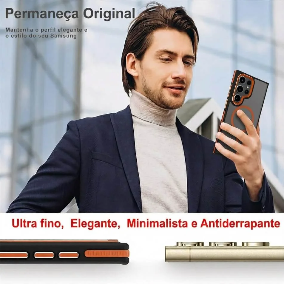 Imagem 3 de 5 do produto Capa Samsung Galaxy S26 Ultra Antichoque Magnética com Borda Antiderrapante Capinha com Proteção de Câmera Elevada - Cor: Preto e Laranja | Brcshop