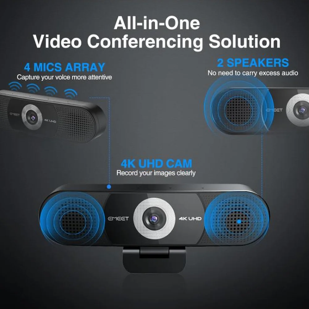Imagem 3 de 3 do produto Webcam Emeet C980 Pro 4k Usb Para PC - 3 Em 1, 4 Microfones, 2 Alto-falantes, Fov 60° A 98°