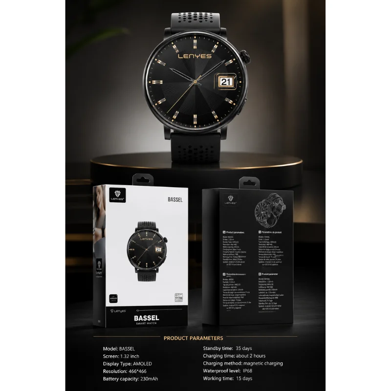 Imagem 4 de 5 do produto Smartwatch Lenyes Basel 42mm AmoLED Ip68 Esportivo Inteligente Preto – Relógio Smartwatch Com Tela AmoLED