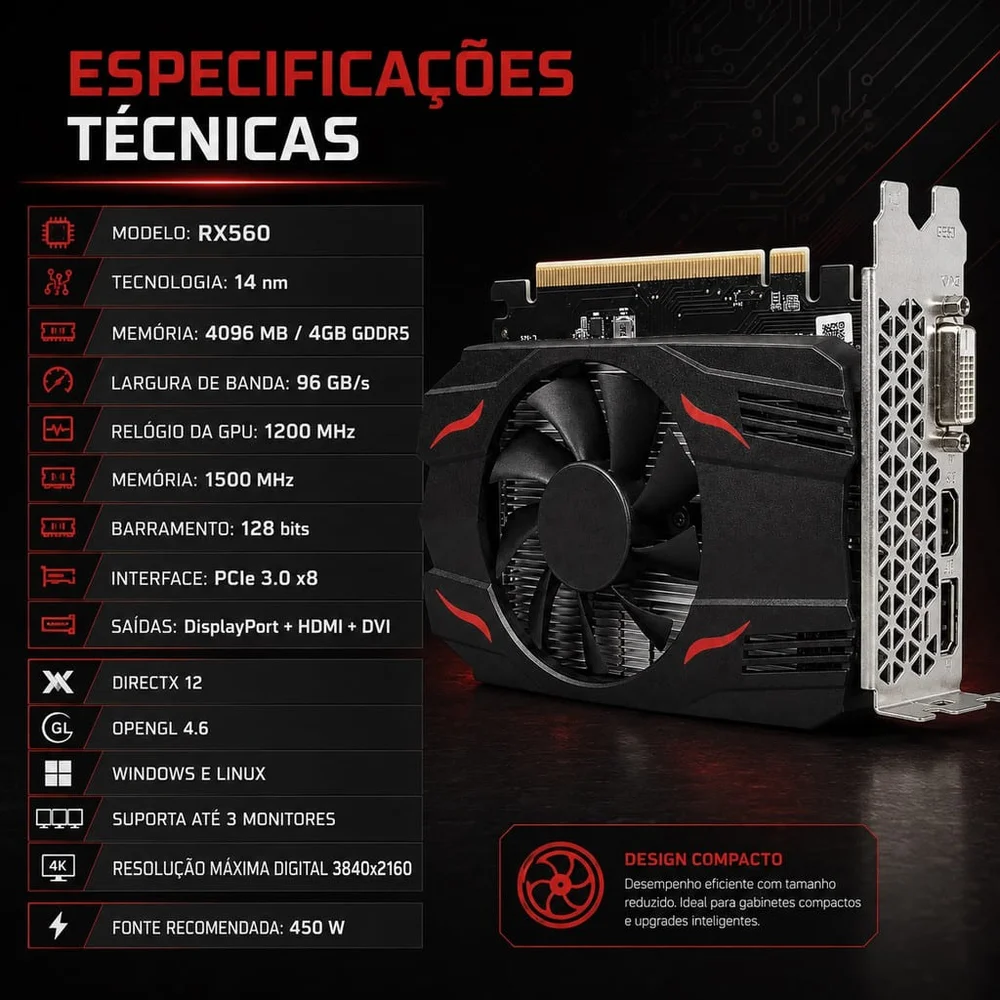 Placa De Vídeo Amd Radeon Rx560 4gb GDDR5 128 Bits HDMI Displayport Dvi PCie 3.0 X8 Gamer Aitek Placa De Vídeo Amd Radeon Rx560 4gb GDDR5 128 Bits HDMI Displayport Dvi PCie 3.0 X8 Gamer Aitek
