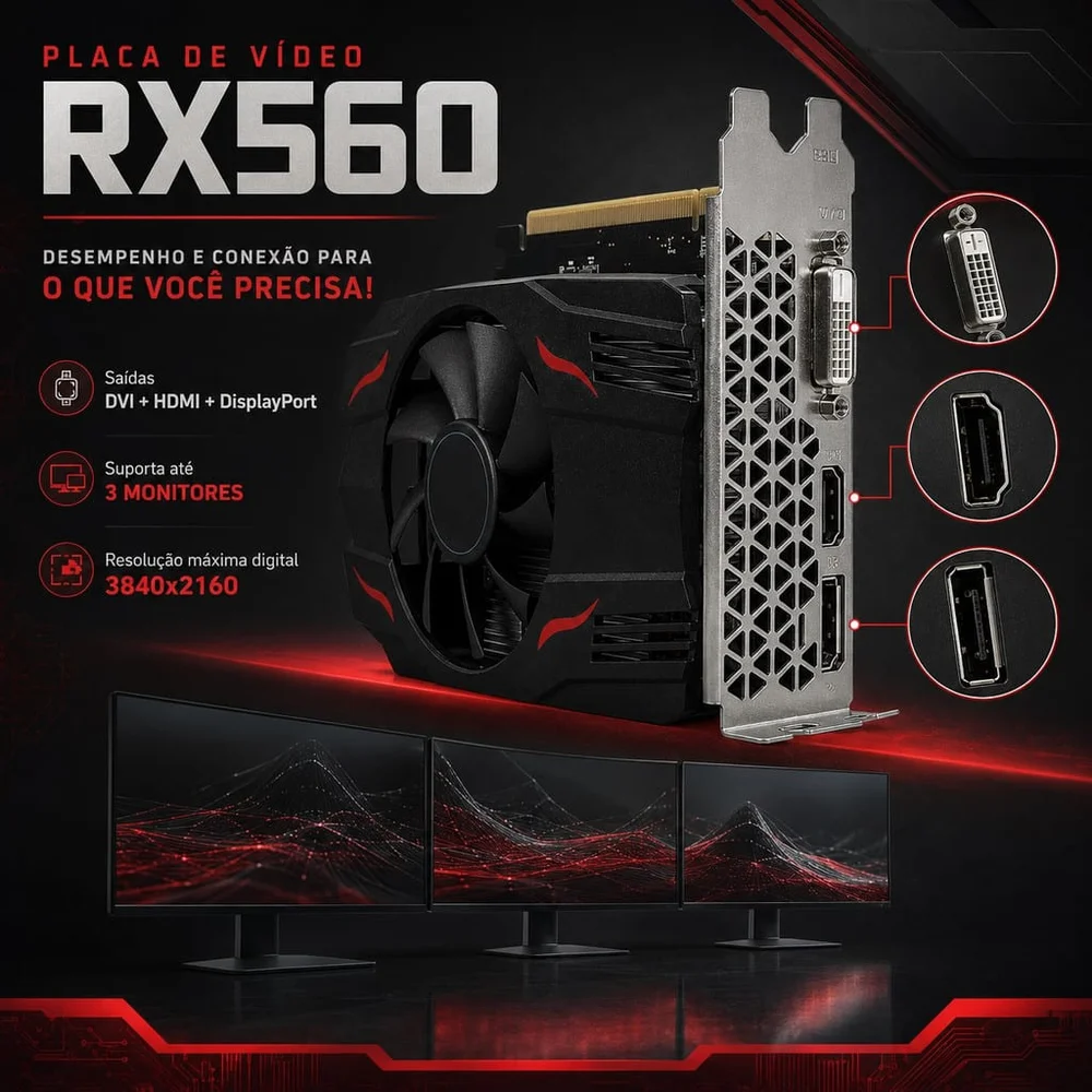 Placa De Vídeo Amd Radeon Rx560 4gb GDDR5 128 Bits HDMI Displayport Dvi PCie 3.0 X8 Gamer Aitek Placa De Vídeo Amd Radeon Rx560 4gb GDDR5 128 Bits HDMI Displayport Dvi PCie 3.0 X8 Gamer Aitek