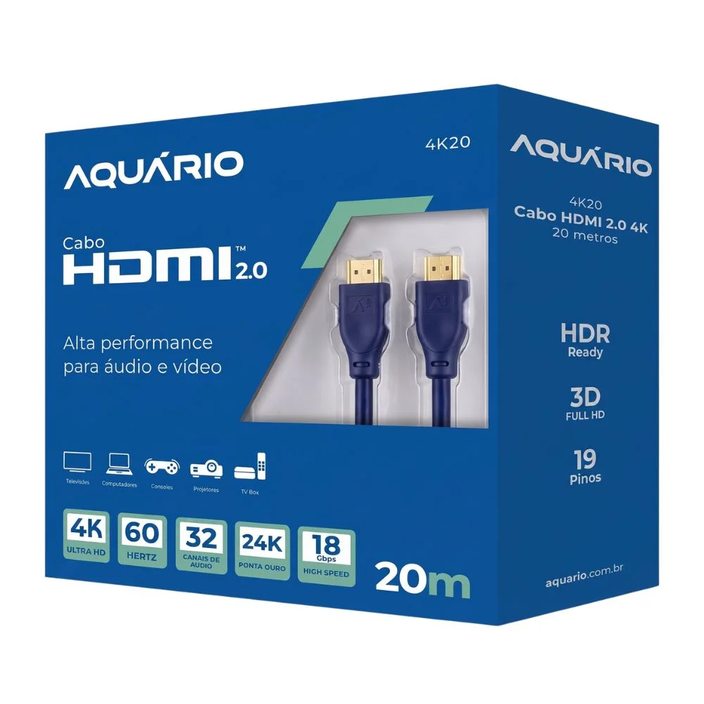 Imagem 3 de 5 do produto Cabo HDMI 20 Metros Aquario 2.0 4k 3d 19 Pinos 20 Metros - 4k20 - Aquário