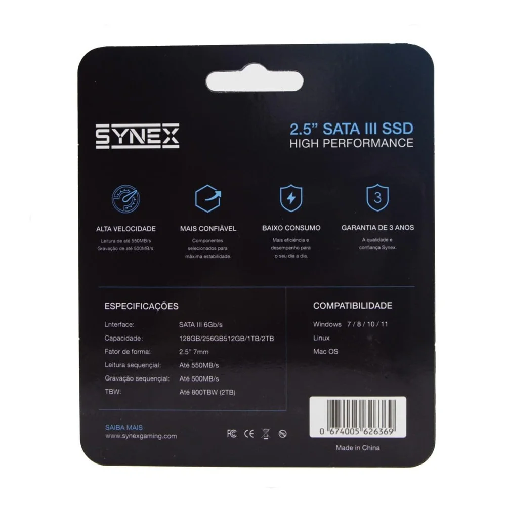 SSD Synex V2, 256gb, Sata Iii, Leitura 550mb/s E Gravação 500mb/s SSD Synex V2, 256gb, Sata Iii, Leitura 550mb/s E Gravação 500mb/s