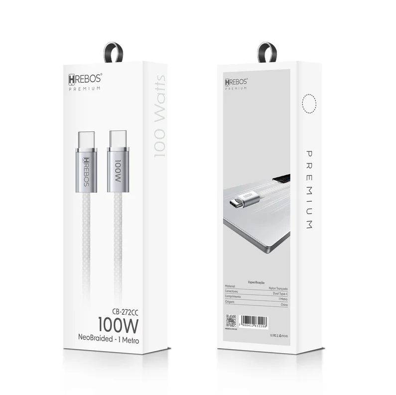 Imagem 2 de 4 do produto Cabo Carregador Celular Usb C X Usb C, 100w - Hrebos  Neobraided- 100w - 1m Branco