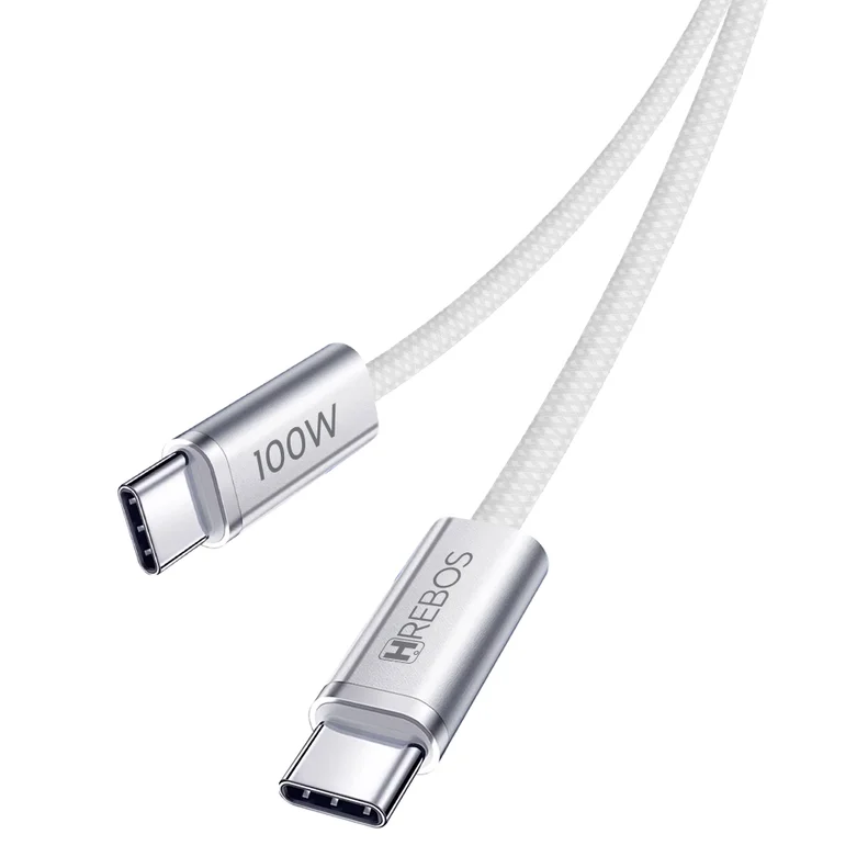 Imagem 3 de 4 do produto Cabo Carregador Celular Usb C X Usb C, 100w - Hrebos  Neobraided- 100w - 1m Branco
