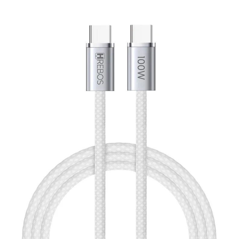 Imagem 4 de 4 do produto Cabo Carregador Celular Usb C X Usb C, 100w - Hrebos  Neobraided- 100w - 1m Branco