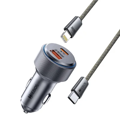 Carregador Veicular Hrebos Autocharge Pro Crv-208ci Type-c X Lightning Com Cabo Incluso – Prata | Compatível Com Iphone