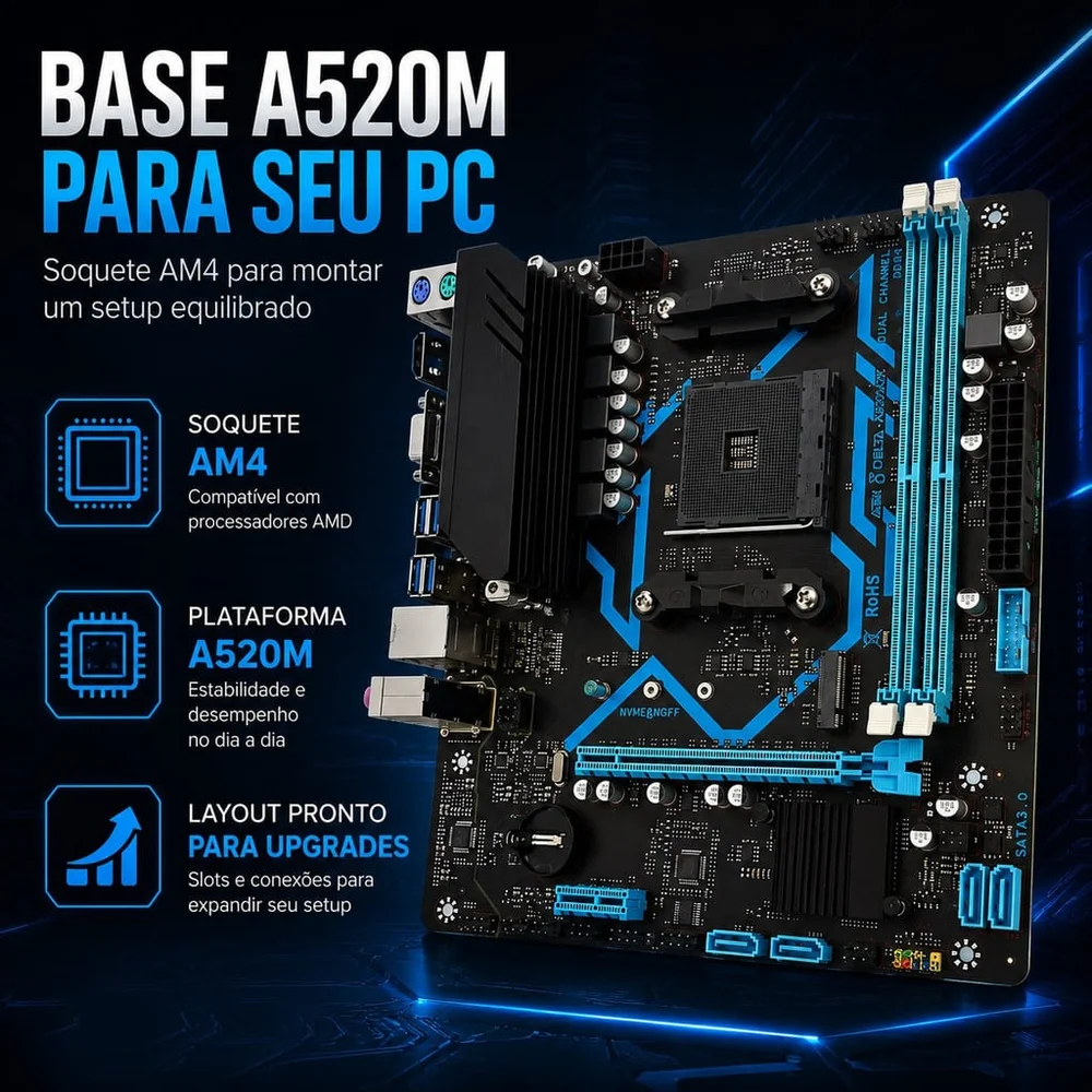Placa Mãe Aitek Amd A520 Am4 Ryzen 3000 4000 5000 Ddr4 64gb M.2 Nvme HDMI Vga Lan Gigabit Micro-atx Placa Mãe Aitek Amd A520 Am4 Ryzen 3000 4000 5000 Ddr4 64gb M.2 Nvme HDMI Vga Lan Gigabit Micro-atx