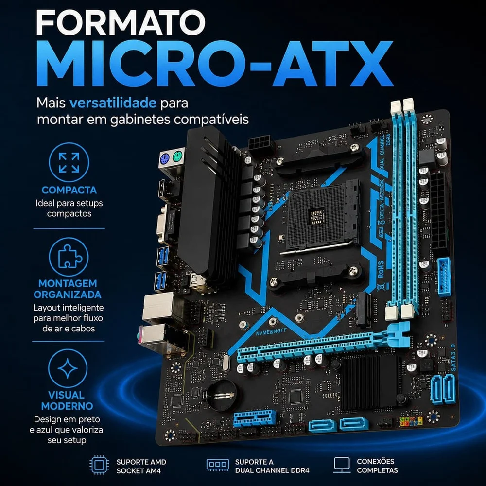 Placa Mãe Aitek Amd A520 Am4 Ryzen 3000 4000 5000 Ddr4 64gb M.2 Nvme HDMI Vga Lan Gigabit Micro-atx Placa Mãe Aitek Amd A520 Am4 Ryzen 3000 4000 5000 Ddr4 64gb M.2 Nvme HDMI Vga Lan Gigabit Micro-atx