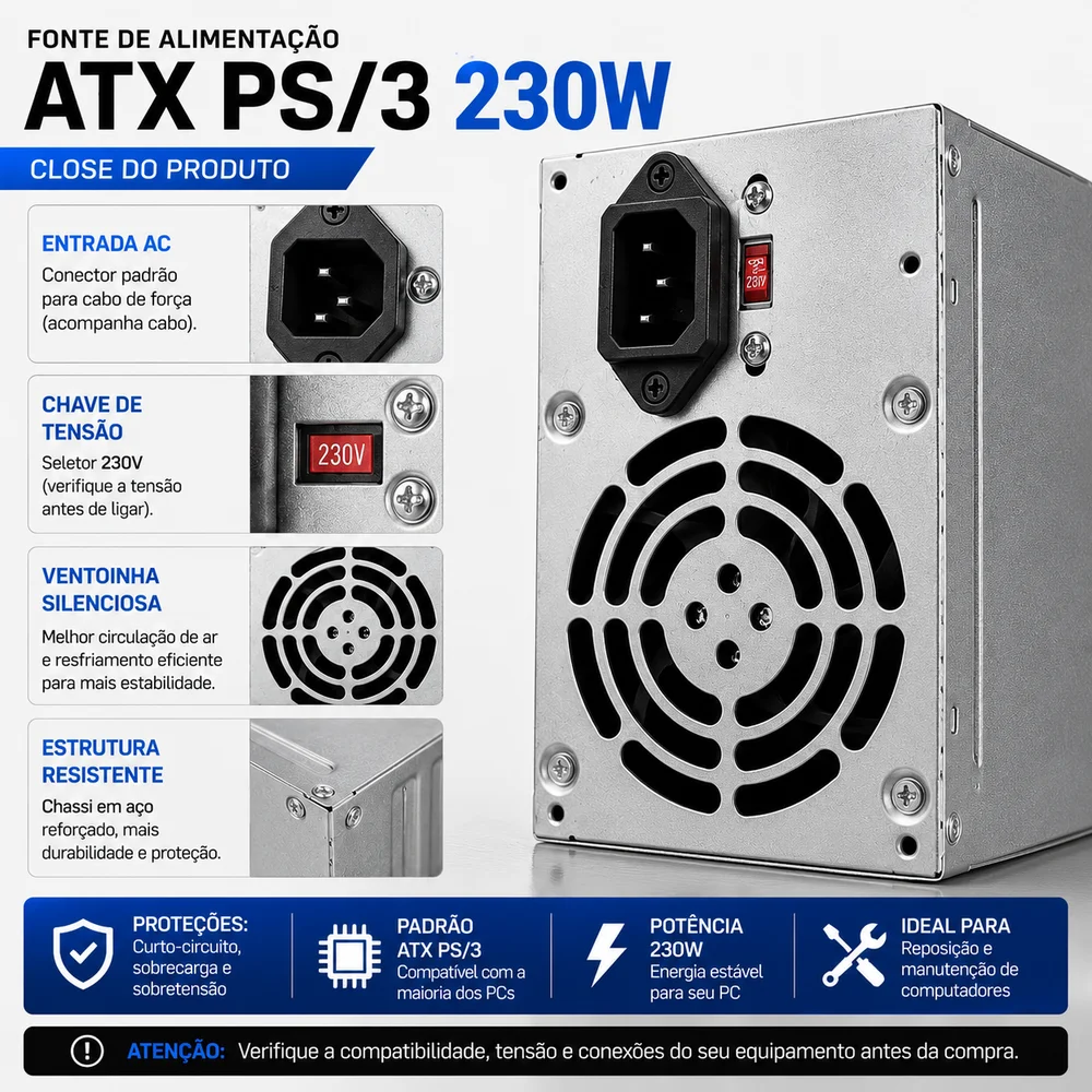Fonte Atx 230w Ps/3 Alimentação PC Desktop Computador Fonte Atx 230w Ps/3 Alimentação PC Desktop Computador