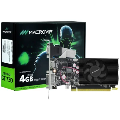 Placa De Vídeo Macrovip Geforce Gt 730 4gb Mv-gt730lp4gd3v2 Low Profile Ddr3 128-bit HDMI Vga Dvi Gamer Escritório