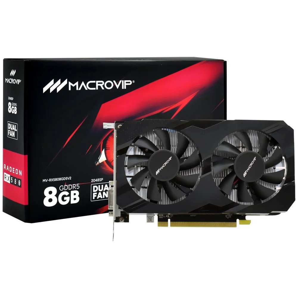 Placa De Vídeo Macrovip Radeon Rx580 8GB V2 Mv-rx5808gd5v2 GDDR5 Dual Fan Gamer Directx 12 HDMI Displayport PC Desktop