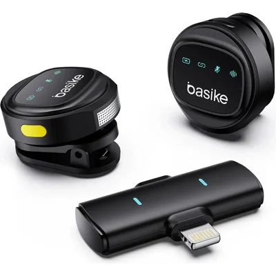 Microfone Lapela Redondo Sem Fio Imã Duplo Redução Ruído Clip Magnético Cor Preto Lightning Profissional Basike
